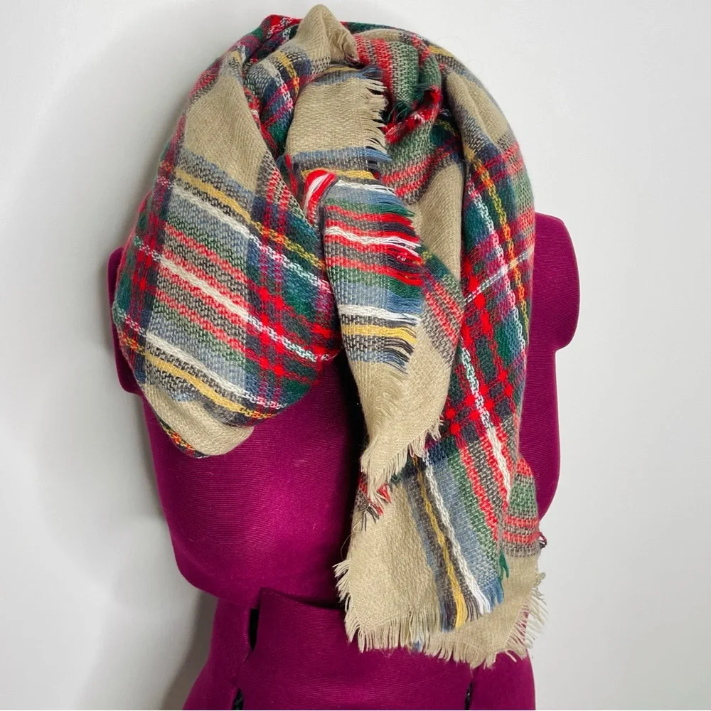 Vintage plaid multicolor blanket scarf fringe detailing perfect for Fall Winter
